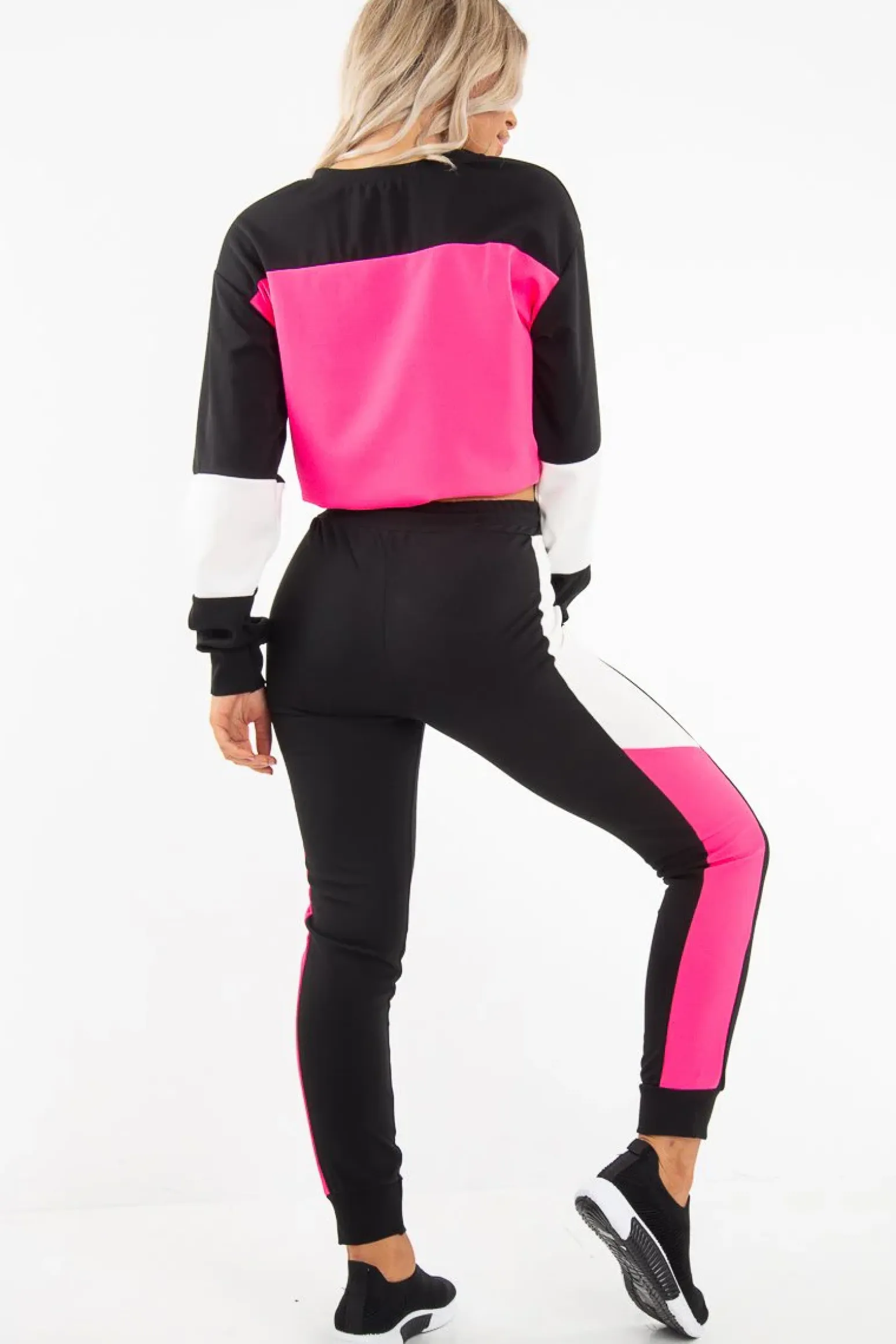Rebellious Fashion Black Pink Colour Block Sweatshirt Tracksuit - Kazia