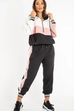 Rebellious Fashion Black Pink Cuffed Hem Tie Waist Joggers - Kaci