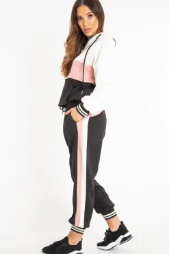 Rebellious Fashion Black Pink Cuffed Hem Tie Waist Joggers - Kaci