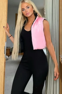 Rebellious Fashion Black Pink Reversible Cropped Puffer Gilet - Naava
