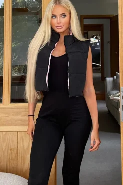 Rebellious Fashion Black Pink Reversible Cropped Puffer Gilet - Naava
