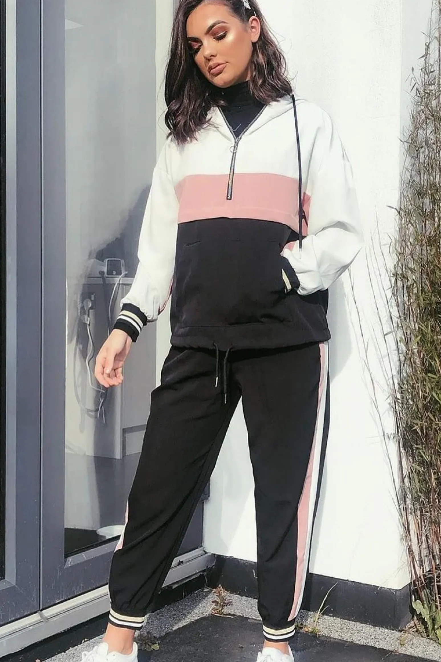 Rebellious Fashion Black Pink Zip Front Drawstring Hoodie and Jogger Set - Evon