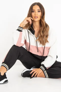 Rebellious Fashion Black Pink Zip Front Drawstring Hoodie and Jogger Set - Evon