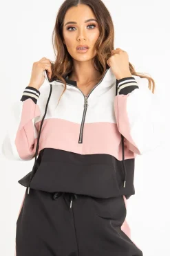 Rebellious Fashion Black Pink Zip Front Drawstring Hoodie and Jogger Set - Evon