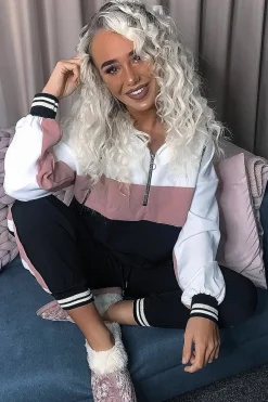 Rebellious Fashion Black Pink Zip Front Drawstring Hoodie and Jogger Set - Evon