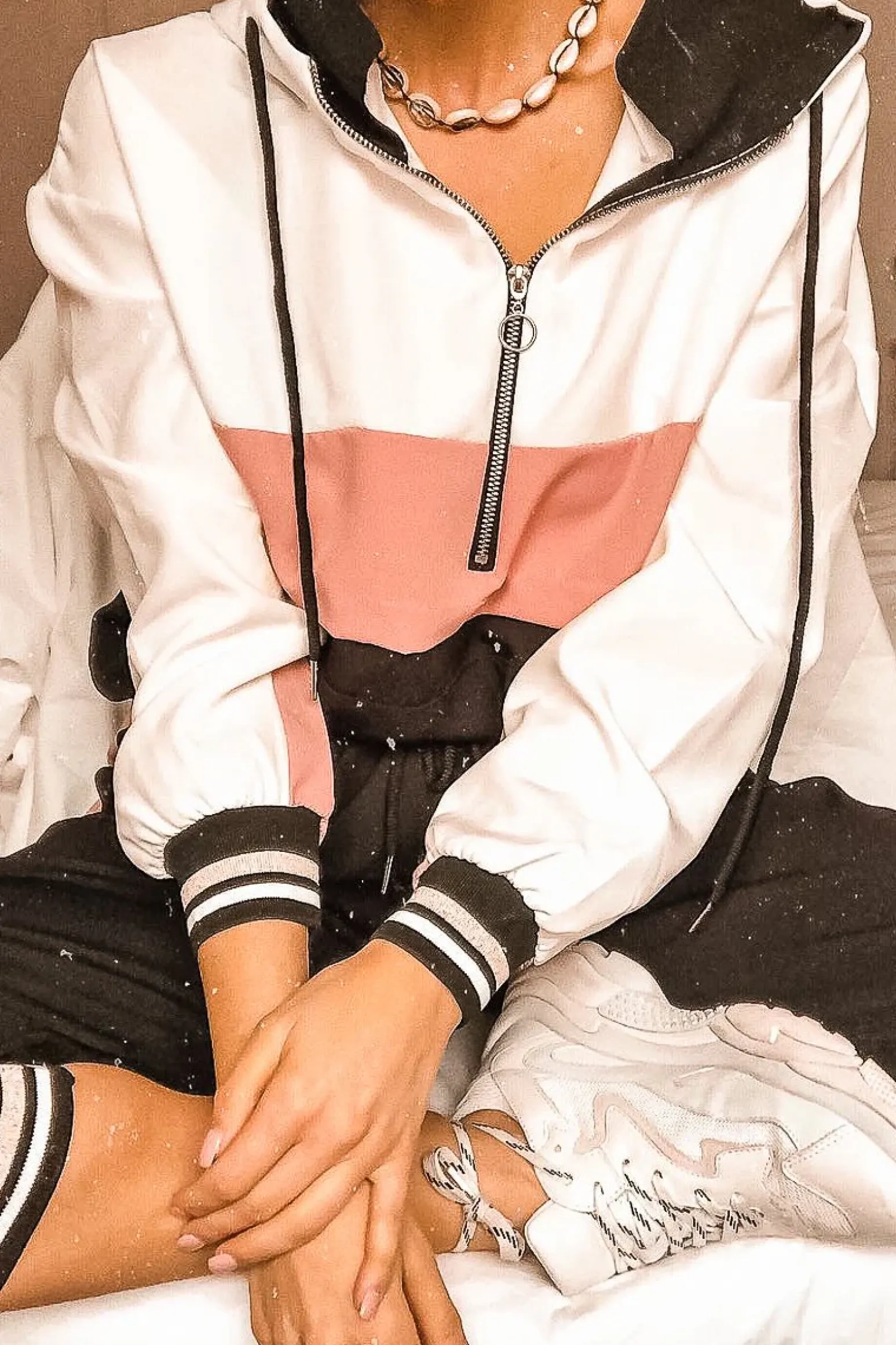 Rebellious Fashion Black Pink Zip Front Drawstring Hoodie and Jogger Set - Evon