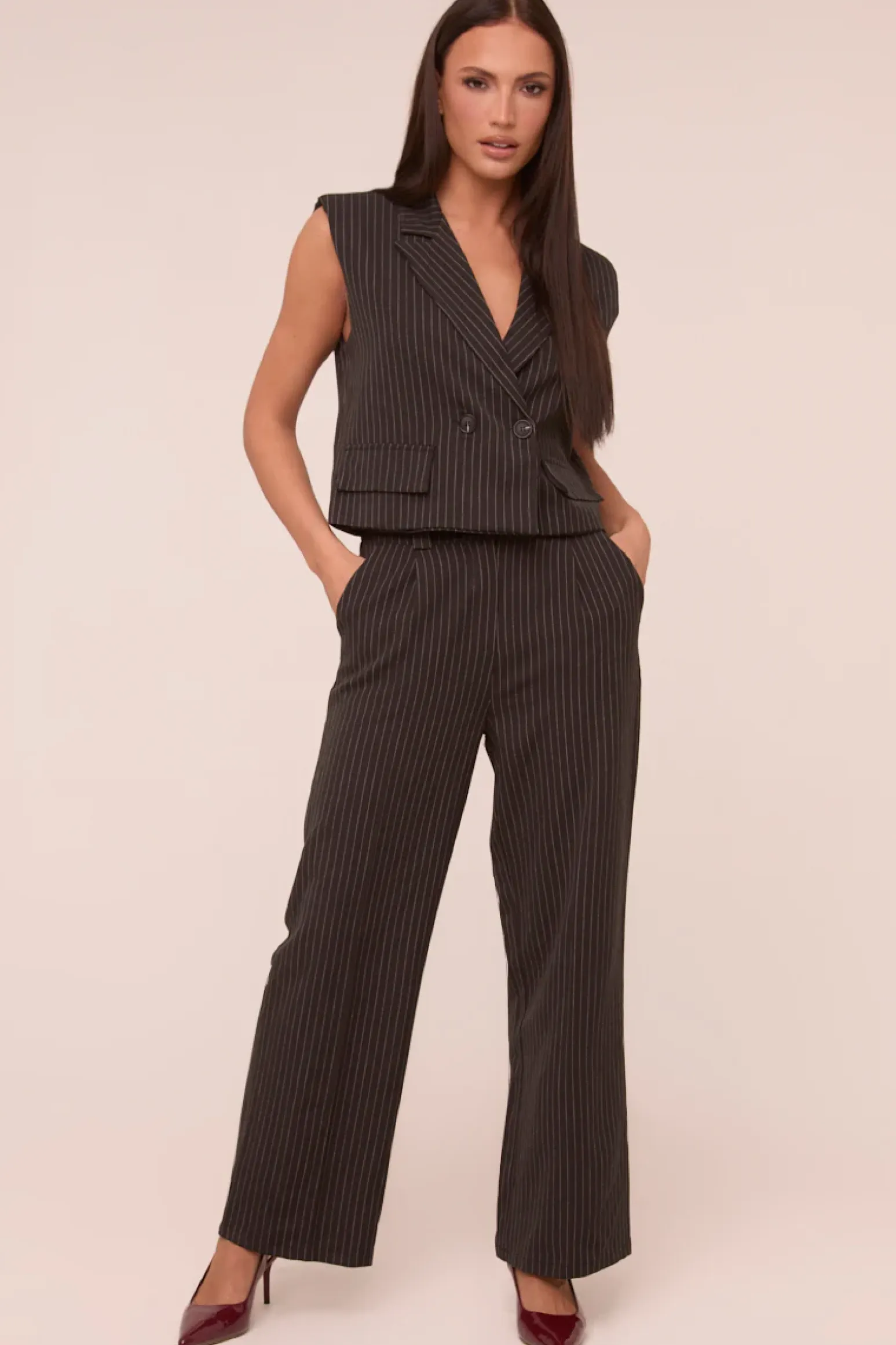 Rebellious Fashion Black Pin Stripe Boxy Waist Coat & Straight Leg Trouser Co-ord Set - Ardel