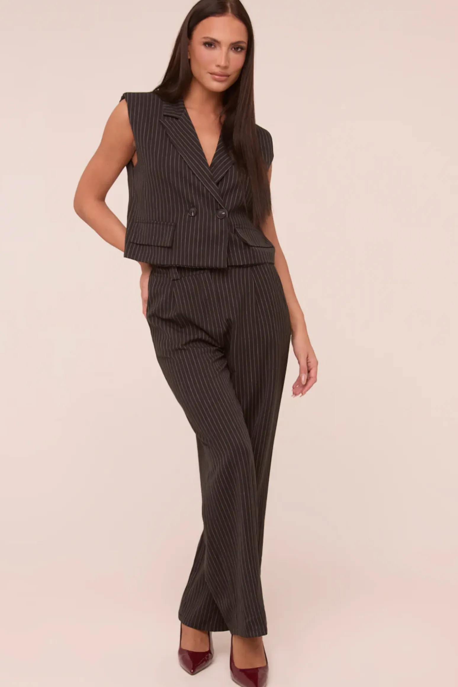 Rebellious Fashion Black Pin Stripe Boxy Waist Coat & Straight Leg Trouser Co-ord Set - Ardel