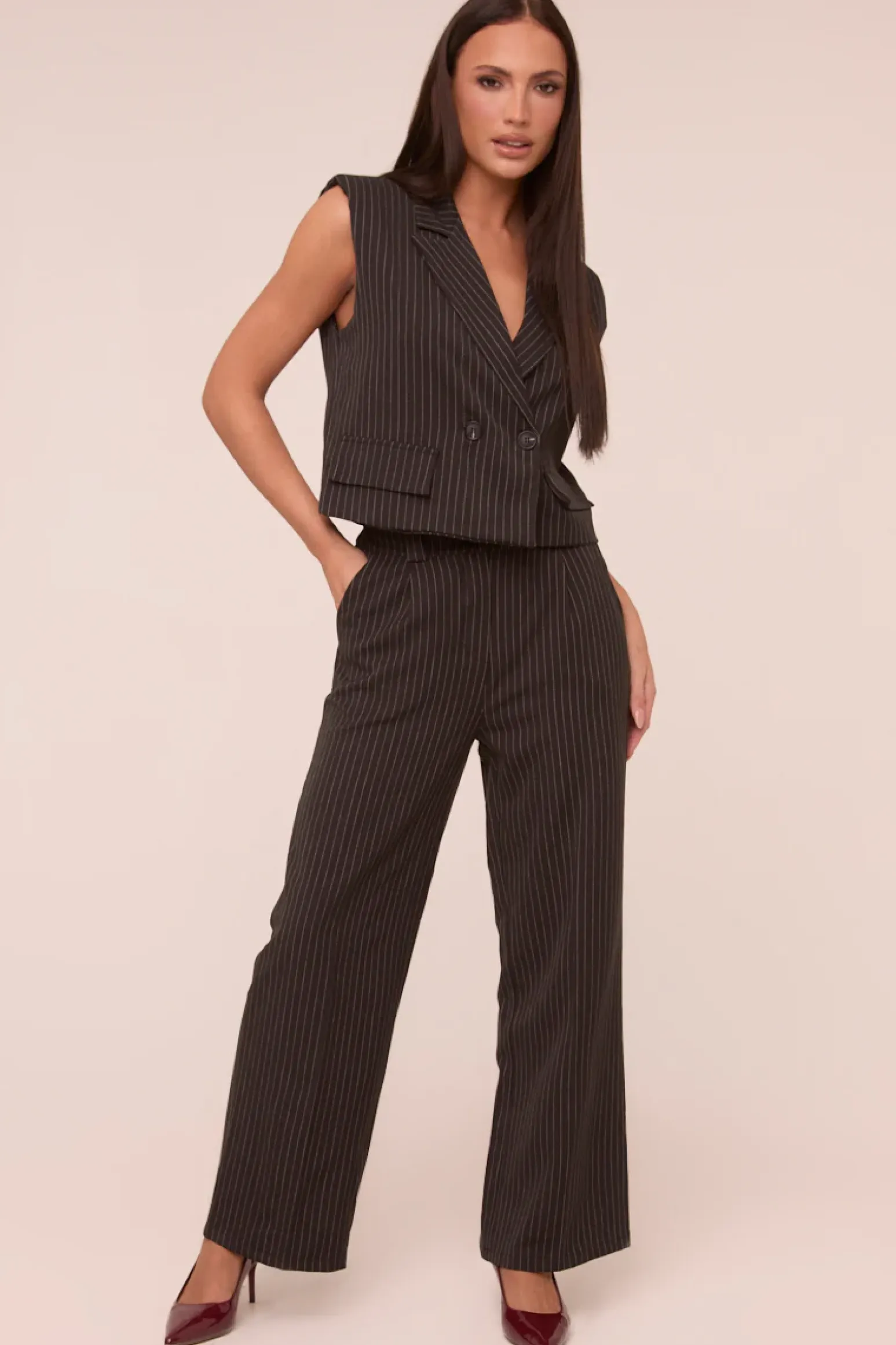 Rebellious Fashion Black Pin Stripe Boxy Waist Coat & Straight Leg Trouser Co-ord Set - Ardel