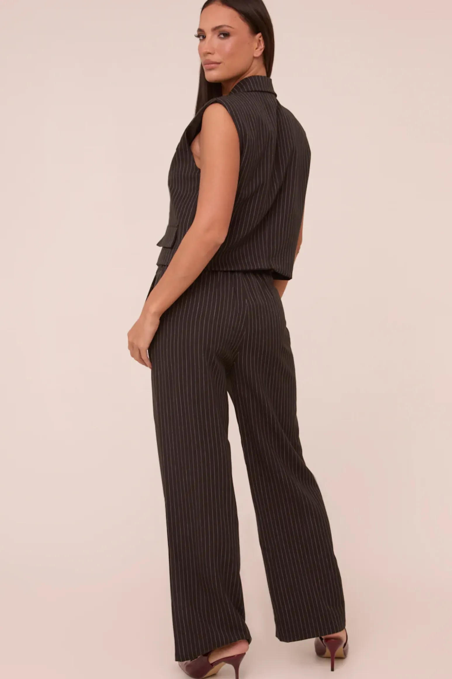 Rebellious Fashion Black Pin Stripe Boxy Waist Coat & Straight Leg Trouser Co-ord Set - Ardel