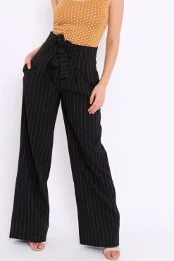 Rebellious Fashion Black Pinstripe High Waist Tailored Trousers - Ginni