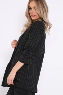 Rebellious Fashion Black Pinstripe Ruched Sleeve Blazer - Romelia