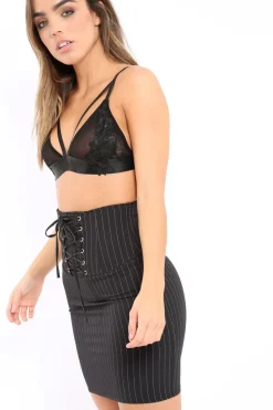 Rebellious Fashion Black Pinstripe Skirt Lace Up Skirt - Lela