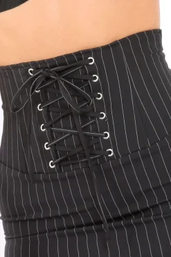 Rebellious Fashion Black Pinstripe Skirt Lace Up Skirt - Lela