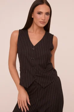 Rebellious Fashion Black Pin Stripe Sleeveless Waist Coat - Danita