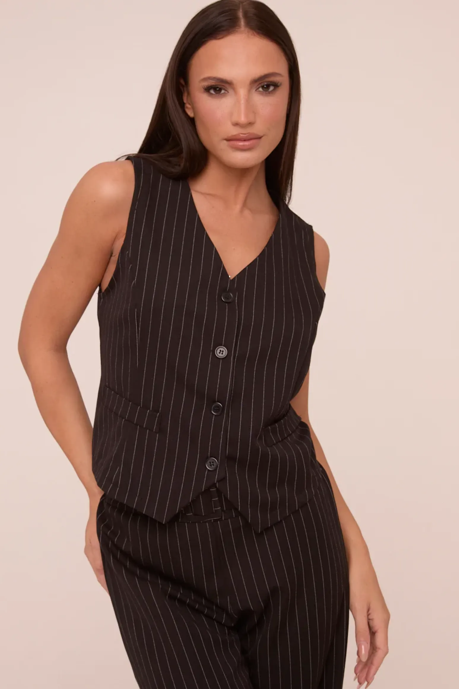 Rebellious Fashion Black Pin Stripe Sleeveless Waist Coat - Danita