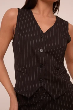 Rebellious Fashion Black Pin Stripe Sleeveless Waist Coat - Danita