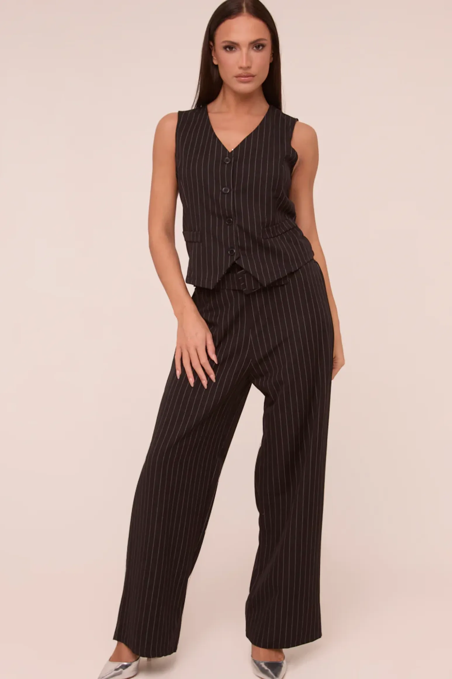 Rebellious Fashion Black Pin Stripe Straight Leg Trousers - Ebba