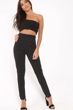 Rebellious Fashion Black Pinstripe Tapered Trousers - Paighton