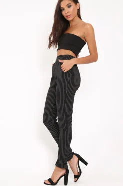 Rebellious Fashion Black Pinstripe Tapered Trousers - Paighton