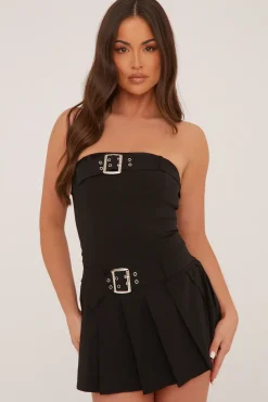 Rebellious Fashion Black Pleat Detail Self Belt Bandeau Playsuit - Paisly
