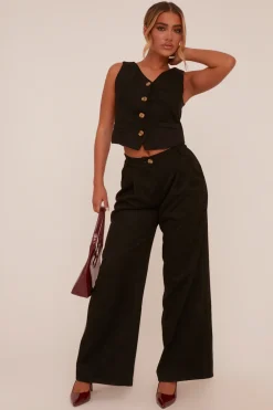 Rebellious Fashion Black Pleat Detail Wide Leg Trousers - Ether