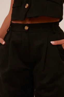 Rebellious Fashion Black Pleat Detail Wide Leg Trousers - Ether