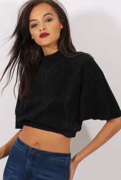 Rebellious Fashion Black Pleated Batwing Crop Top - Mellony