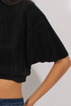 Rebellious Fashion Black Pleated Batwing Crop Top - Mellony
