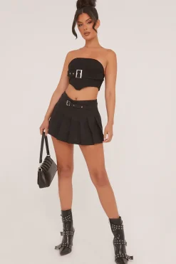 Rebellious Fashion Black Pleated Belt Detail Micro Mini Skirt - Violet