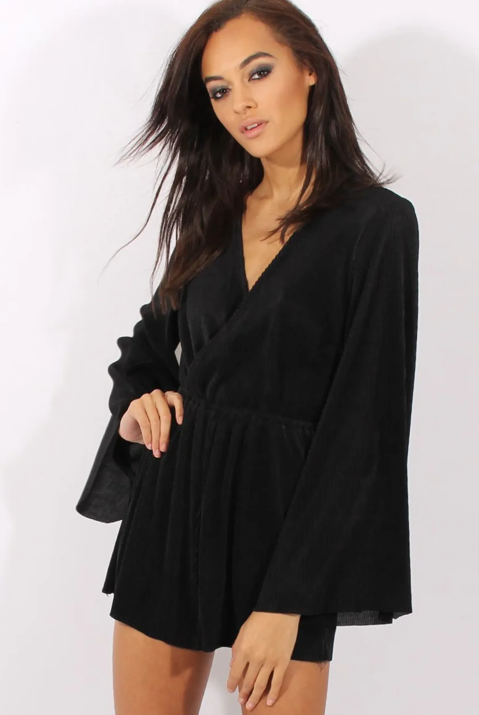 Rebellious Fashion Black Pleated Flared Sleeve Playsuit - Amity