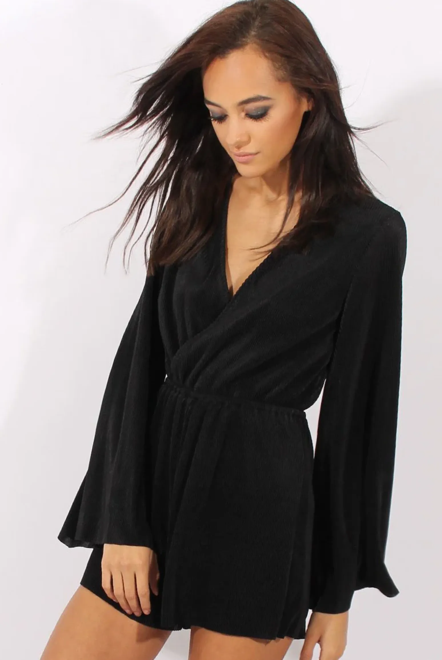 Rebellious Fashion Black Pleated Flared Sleeve Playsuit - Amity