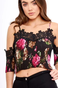 Rebellious Fashion Black Pleated Floral Crochet Trim Cold Shoulder Crop Top - Raya