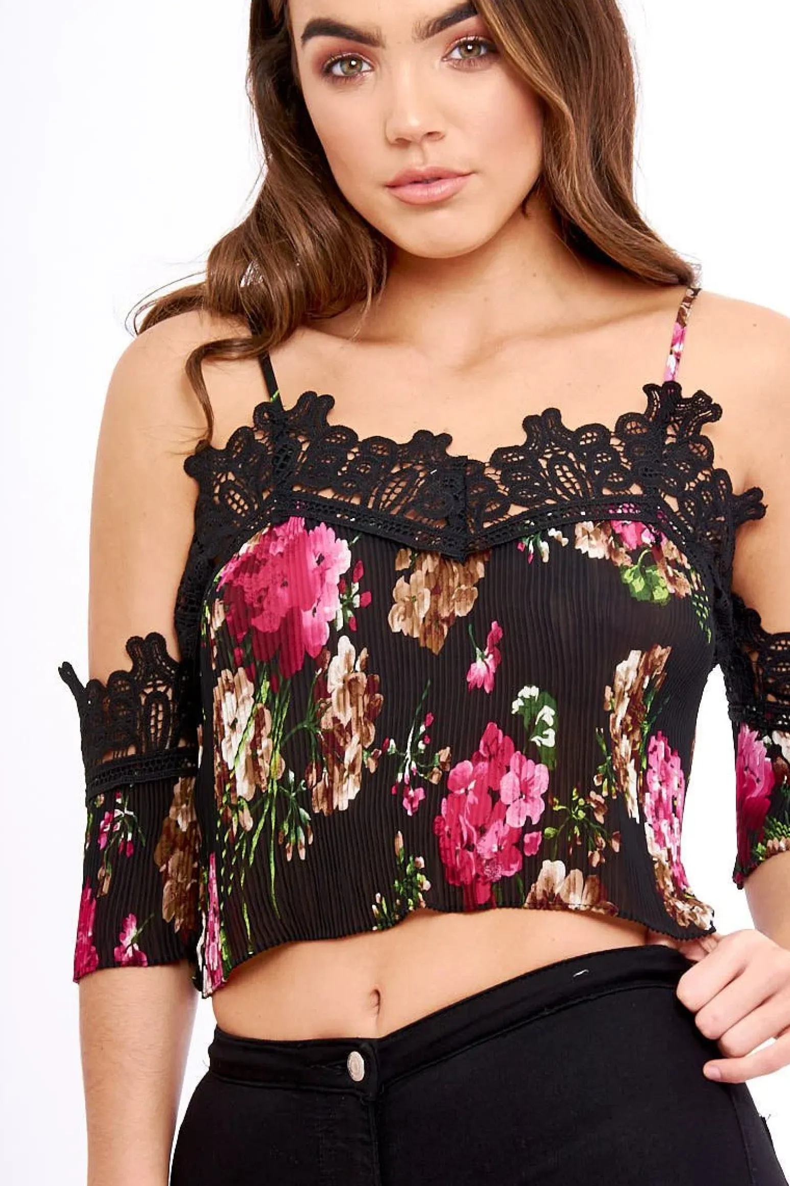 Rebellious Fashion Black Pleated Floral Crochet Trim Cold Shoulder Crop Top - Raya