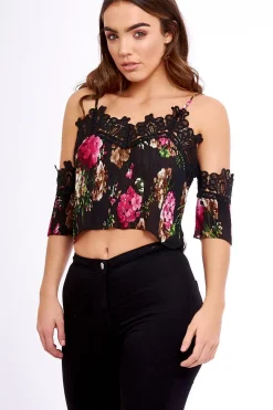 Rebellious Fashion Black Pleated Floral Crochet Trim Cold Shoulder Crop Top - Raya