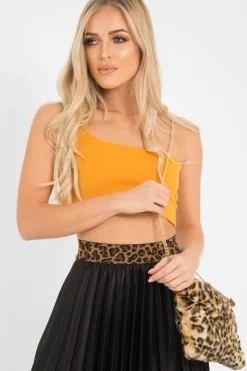 Rebellious Fashion Black Pleated Midi Skirt with Leopard Waistband - Gigi