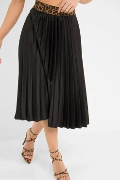 Rebellious Fashion Black Pleated Midi Skirt with Leopard Waistband - Gigi