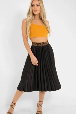 Rebellious Fashion Black Pleated Midi Skirt with Leopard Waistband - Gigi