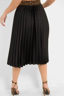 Rebellious Fashion Black Pleated Midi Skirt with Leopard Waistband - Gigi