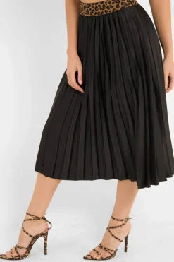 Rebellious Fashion Black Pleated Midi Skirt with Leopard Waistband - Gigi