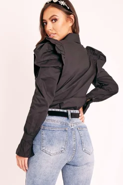 Rebellious Fashion Black Pleated Shoulder Fluted Sleeve Shirt - Maize