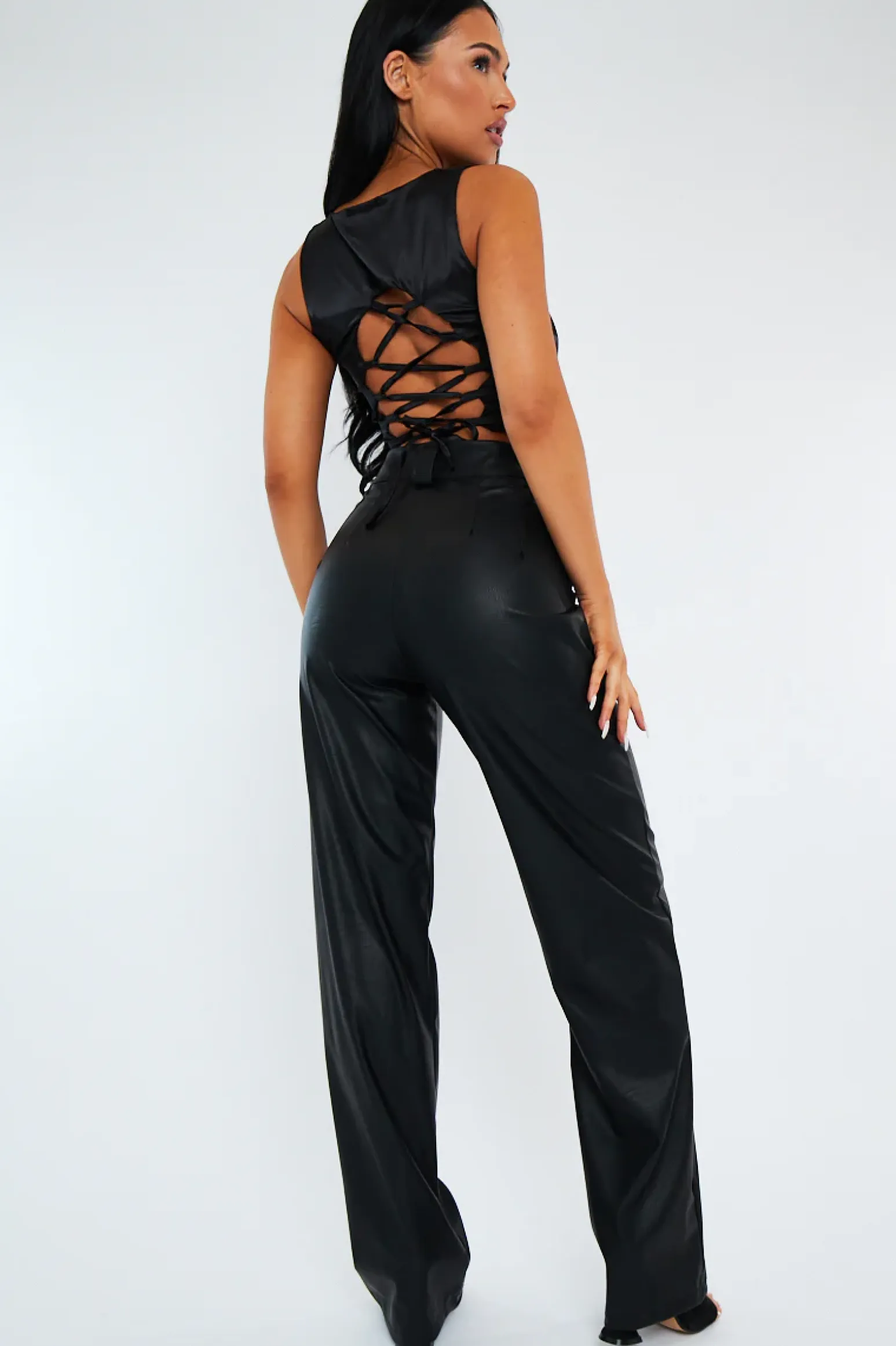 Rebellious Fashion Black Pleated Straight Leg PU Leather Trousers - Jaymi