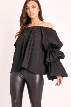 Rebellious Fashion Black Plisse Fabric Structured Sleeve Blouse - Loraina