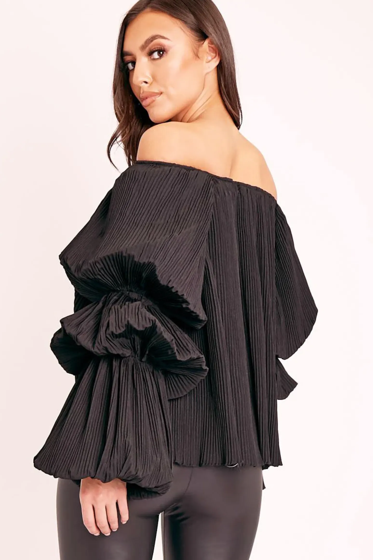 Rebellious Fashion Black Plisse Fabric Structured Sleeve Blouse - Loraina