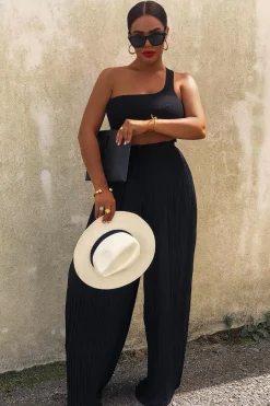Rebellious Fashion Black Plisse Frill Waist Wide Leg Trousers - Otta