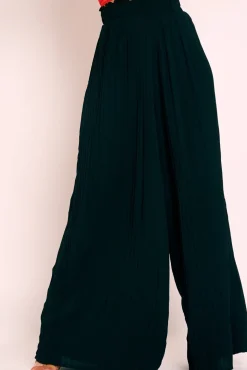 Rebellious Fashion Black Plisse Frill Waist Wide Leg Trousers - Otta