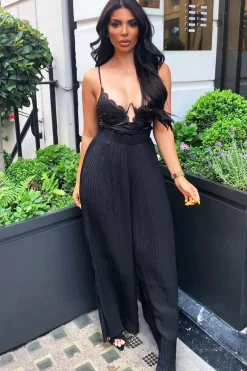 Rebellious Fashion Black Plisse Frill Waist Wide Leg Trousers - Otta