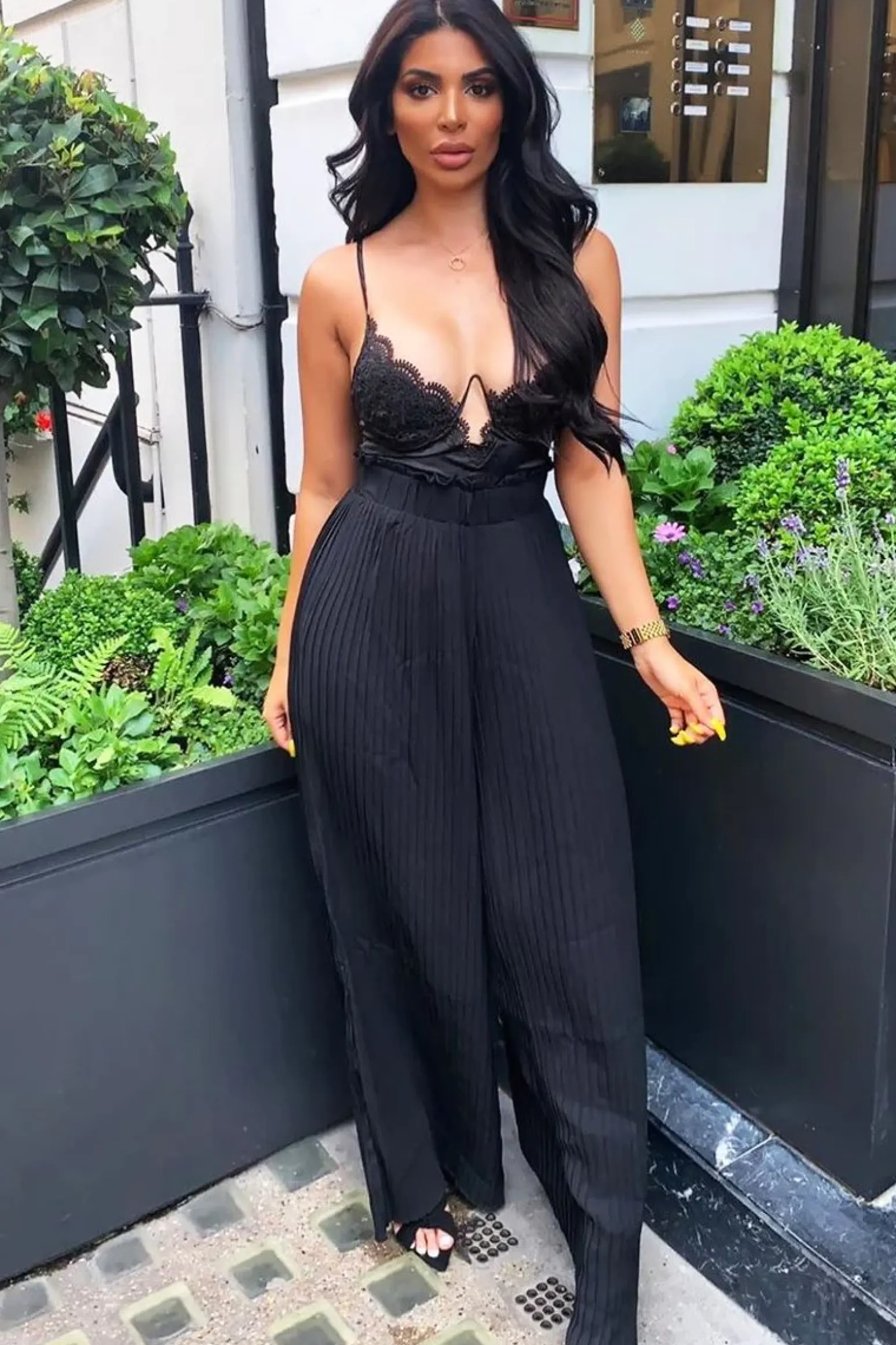 Rebellious Fashion Black Plisse Frill Waist Wide Leg Trousers - Otta