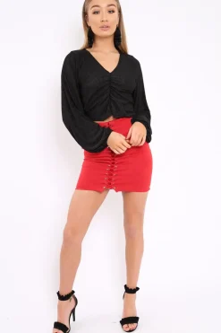 Rebellious Fashion Black Plisse Ruched Front Crop Top - Karen