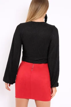 Rebellious Fashion Black Plisse Ruched Front Crop Top - Karen